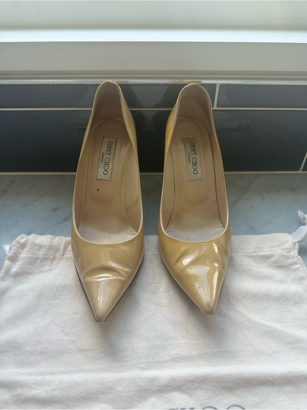 Jimmy Choo Beige Patent Pointed-Toe Pumps